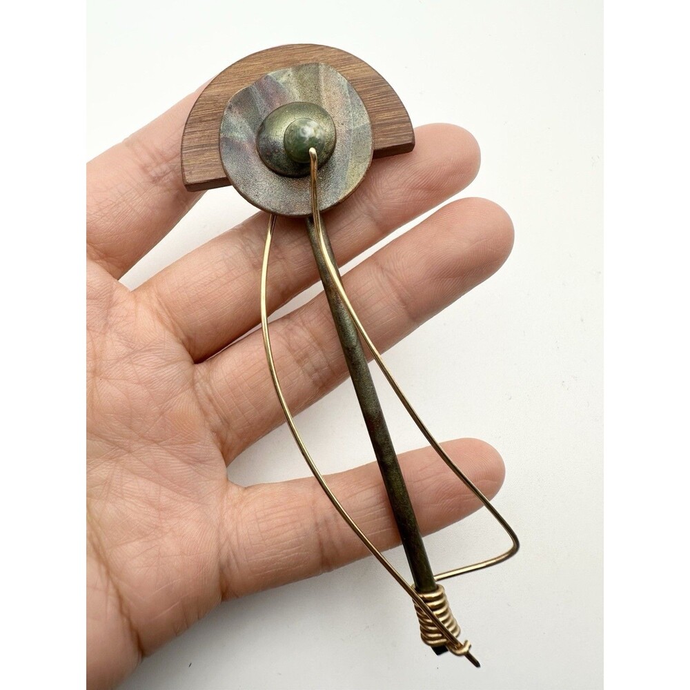 Vintage Artisan Handmade Wire Agate Painted Copper Modernist Geometric Brooch